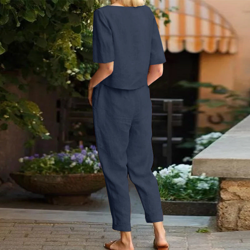 Valenzora | Wide-leg women's trouser suit set made of cotton and linen