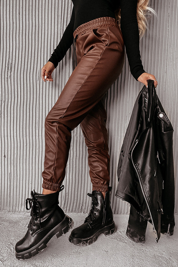 Valenzora | Drasilla Faux Leather Elastic Waistband Pockets Jogger