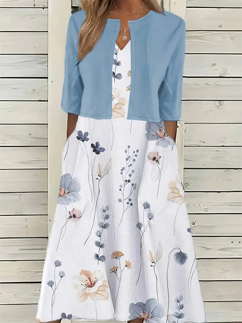 Valenzora | Elegant two-piece floral dress set with solid color crop top and round neck dress
