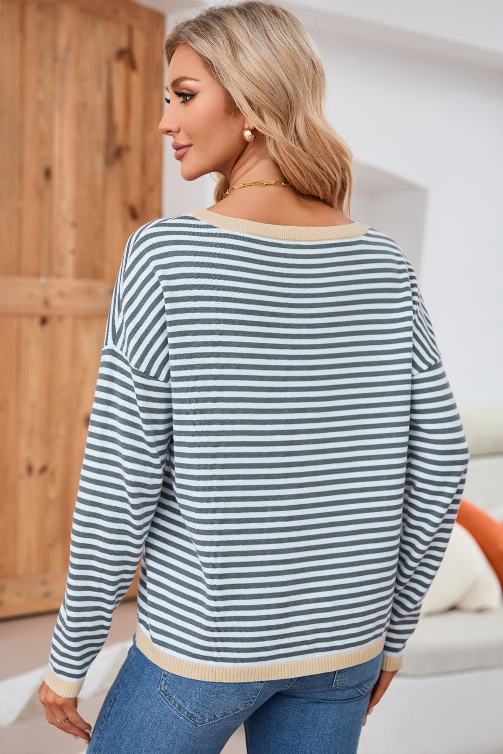Valenzora | Striped crew neck drop-shoulder T-shirt