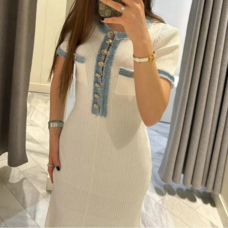 Denim patchwork button knit dress