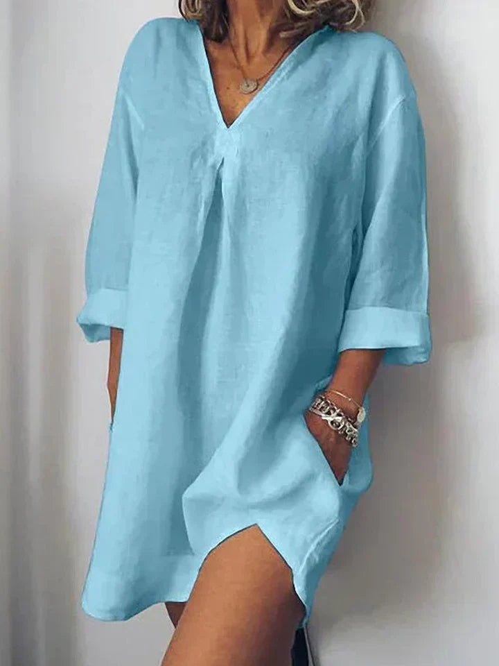 Valenzora | Linen dress V-neck & half sleeves