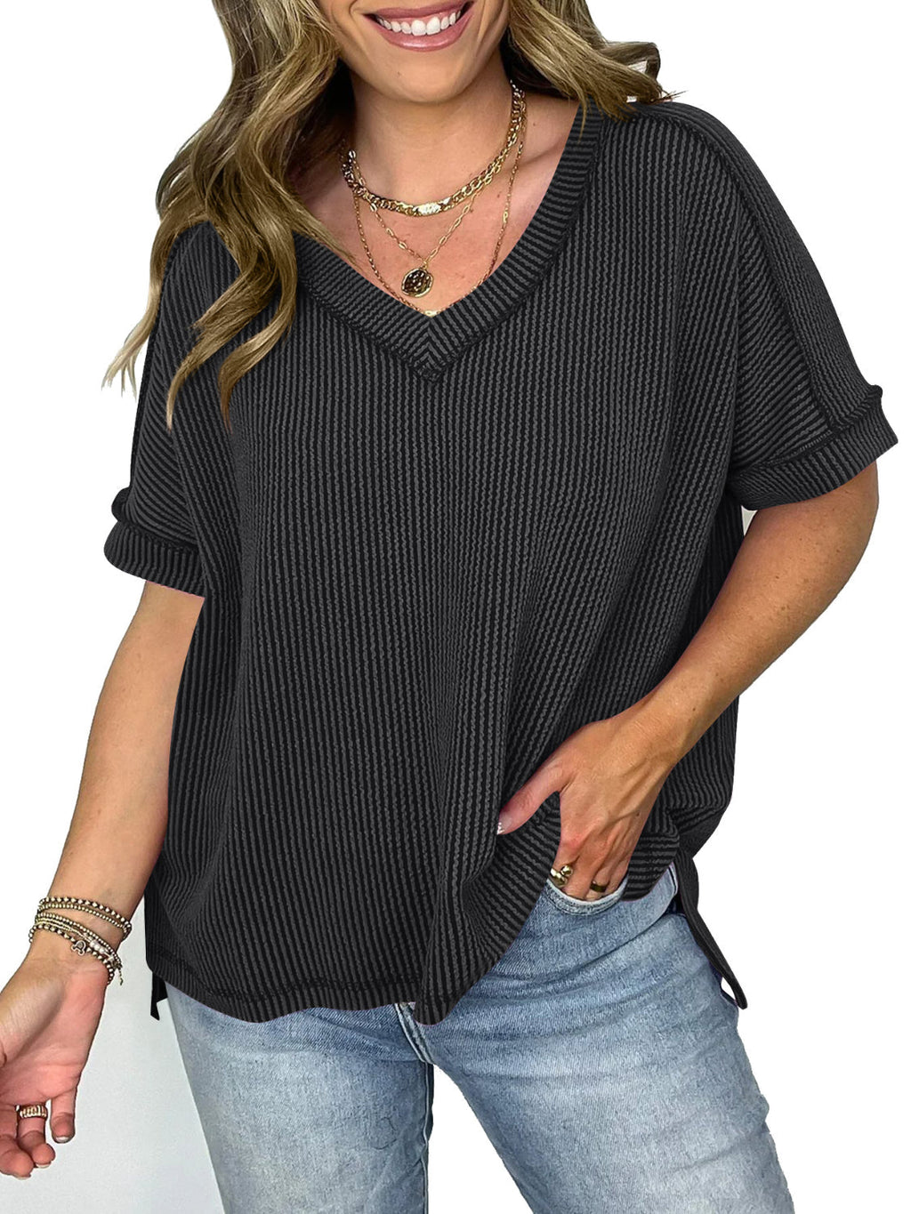 Valenzora | Corduroy V-neck short-sleeved T-shirt