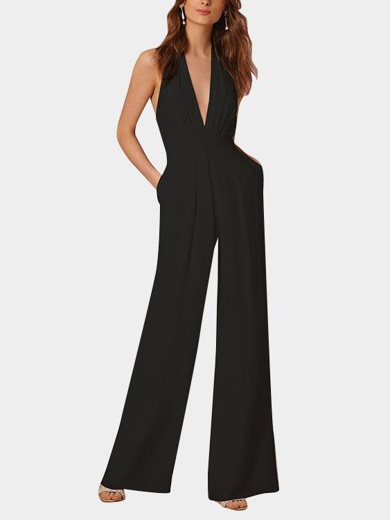 Valenzora | Deep V-neck Sleeveless Wide Leg Jumpsuit