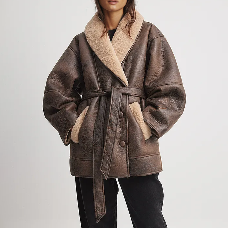 Valenzora | Sherpa-lined faux leather jacket with belt