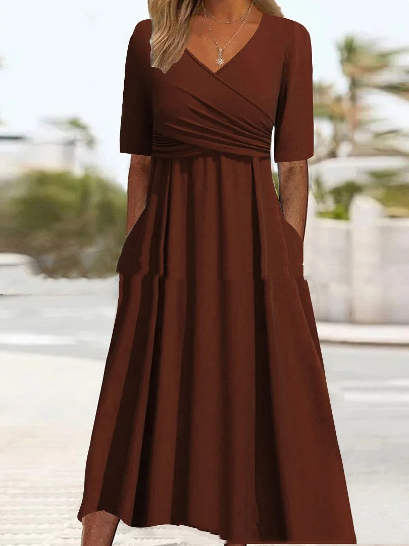 Valenzora | Blaues, schlichtes Midikleid mit V-Ausschnitt