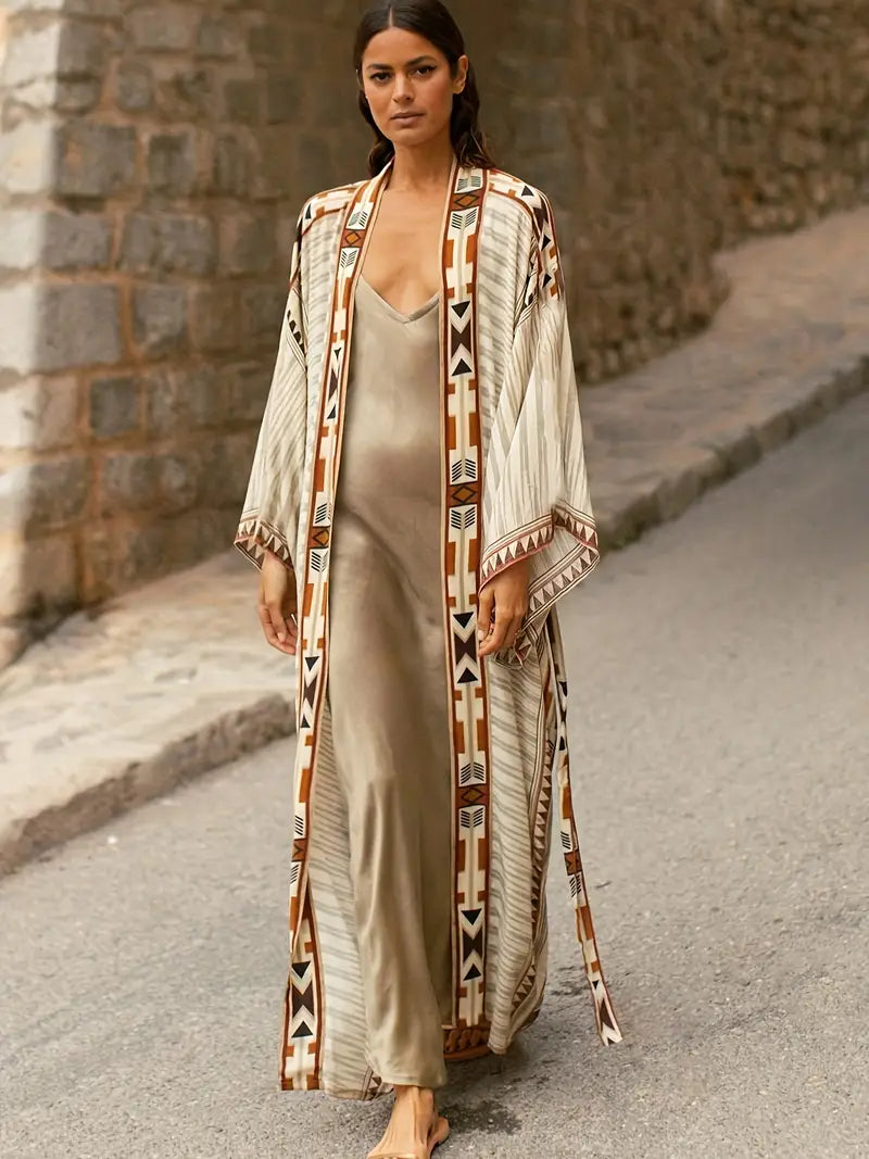 Valenzora | Boho Plus Size Kimono with Tie Belt Maxi Tunic