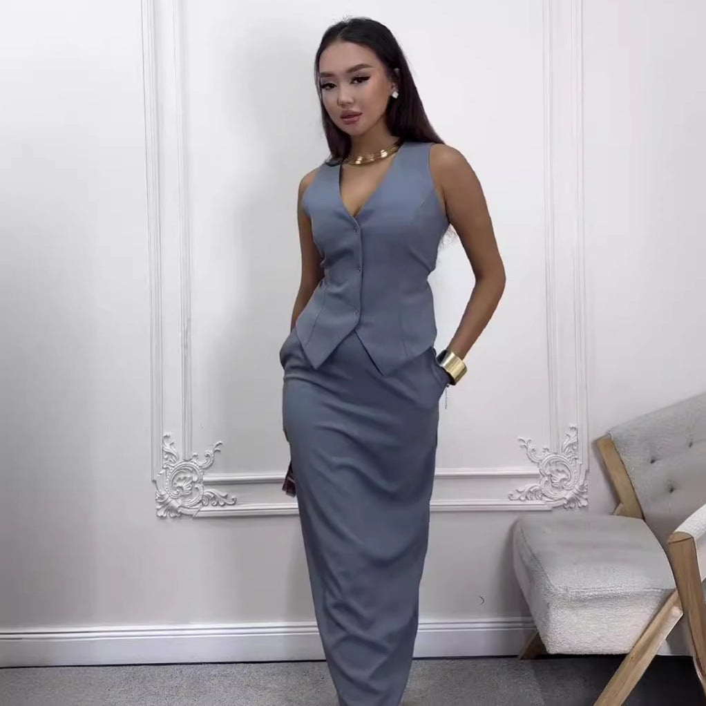 Valenzora | Solid color sleeveless vest & skirt suit