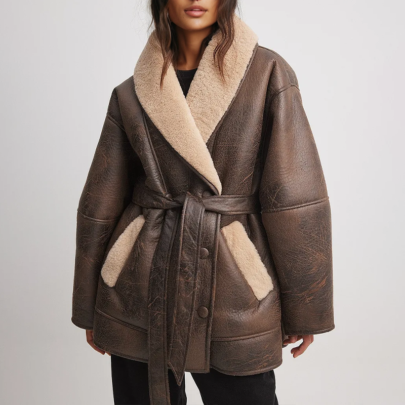 Valenzora | Sherpa-lined faux leather jacket with belt
