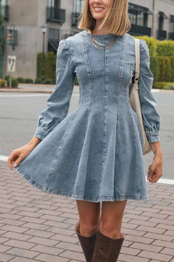 Valenzora | Fade Into You Denim Princess Line Back Zipper Flare Stretch Mini Dress