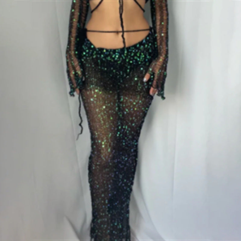 Valenzora Zweiteiliges langärmliges Pailletten-Stricktop mit Ausschnitt und Bodycon-Rock