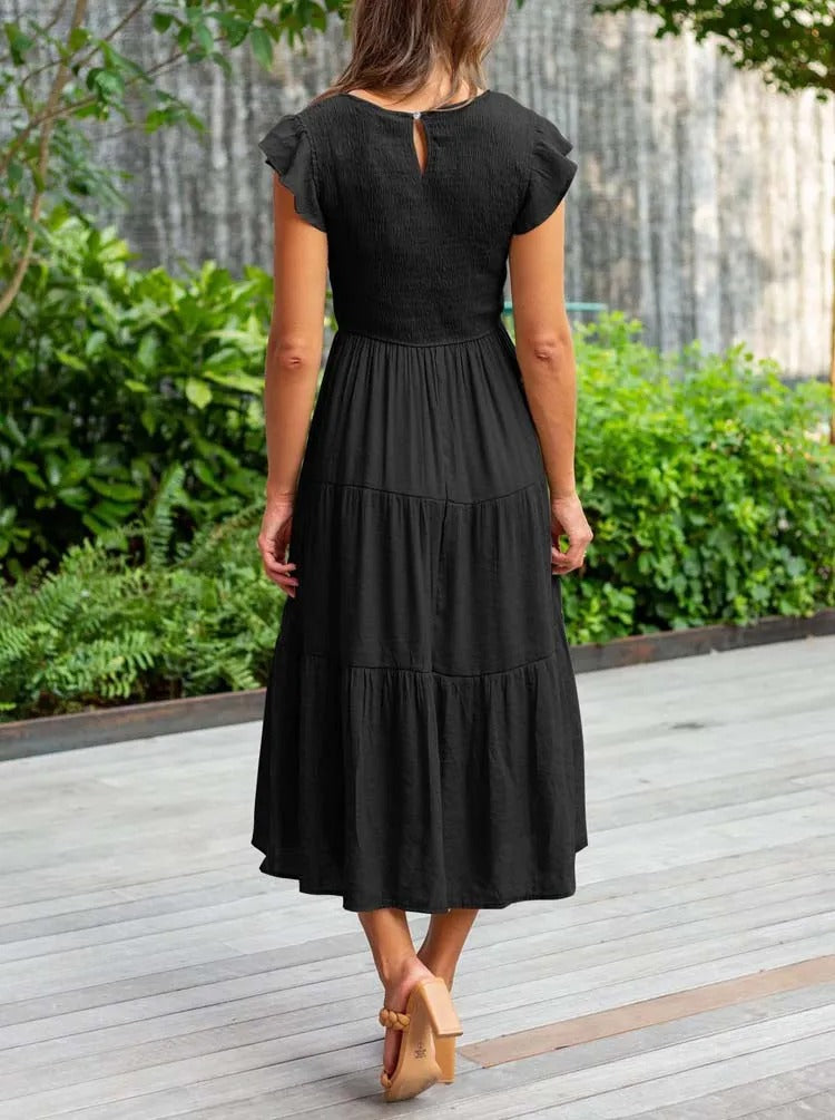 Valenzora | Elegant pleated layered dress with short sleeves
