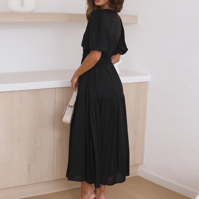 Valenzora | Midi-length dress, V-neck, short puff sleeves, fitted silhouette, light and flowing
