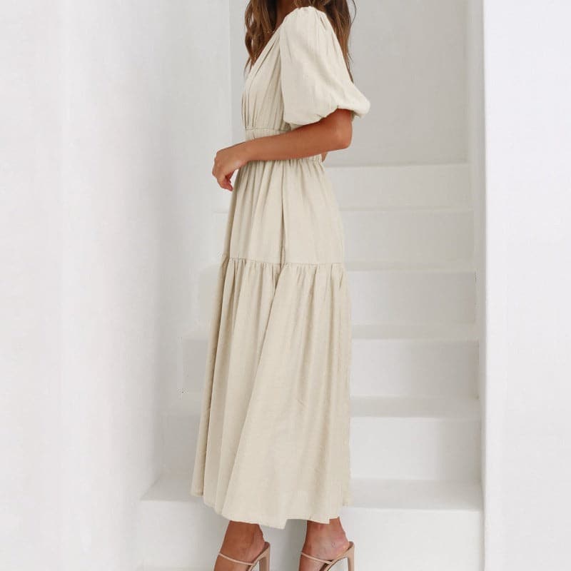 Valenzora | Midi-length dress, V-neck, short puff sleeves, fitted silhouette, light and flowing