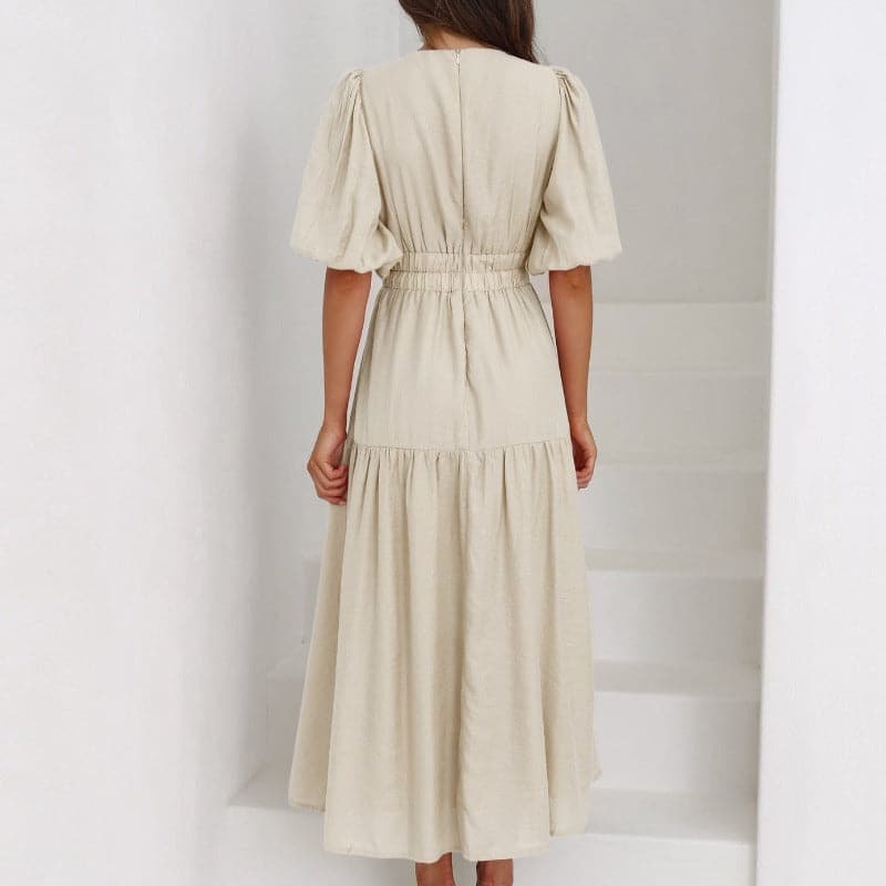 Valenzora | Midi-length dress, V-neck, short puff sleeves, fitted silhouette, light and flowing