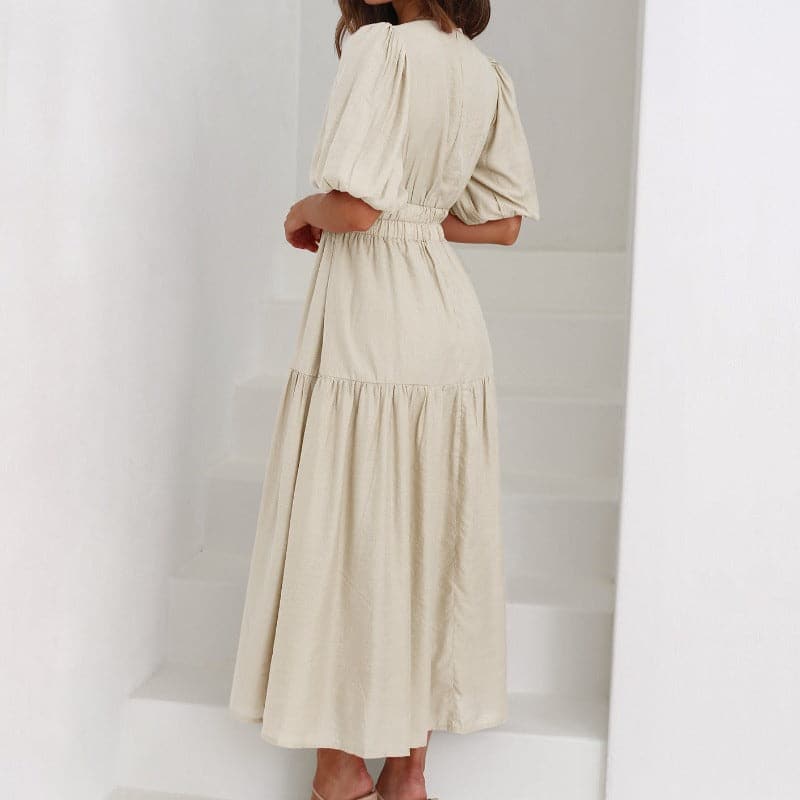 Valenzora | Midi-length dress, V-neck, short puff sleeves, fitted silhouette, light and flowing
