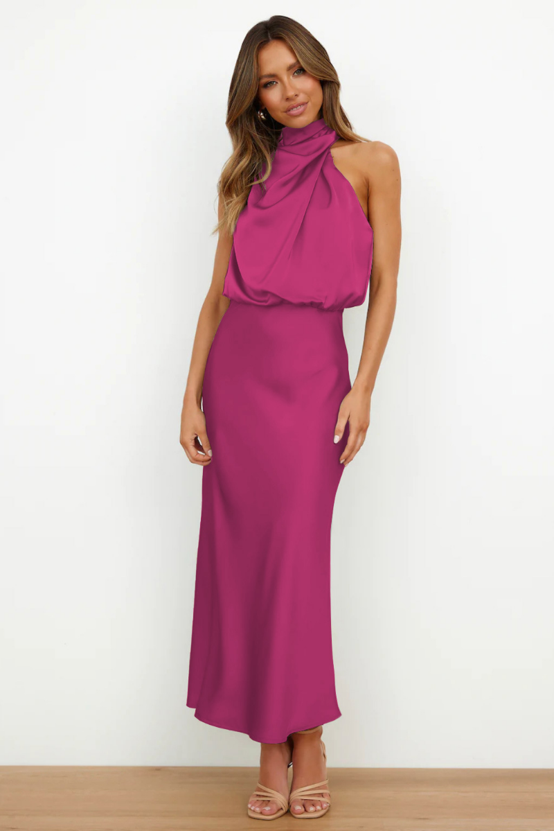 Valenzora | Elegant midi dress with asymmetrical round neckline