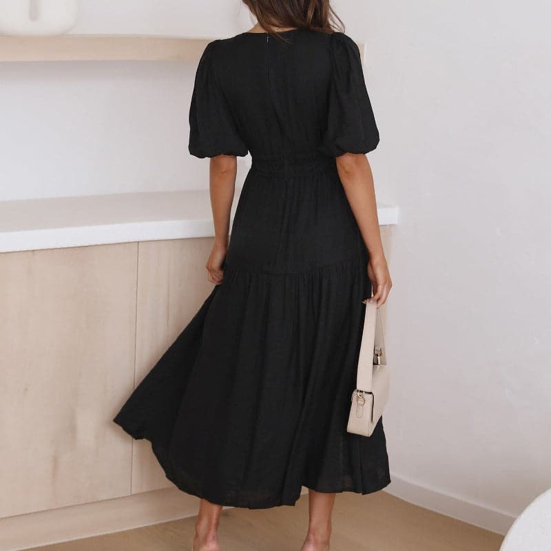 Valenzora | Midi-length dress, V-neck, short puff sleeves, fitted silhouette, light and flowing