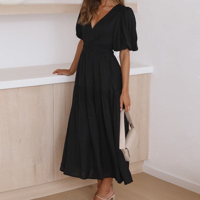 Valenzora | Midi-length dress, V-neck, short puff sleeves, fitted silhouette, light and flowing
