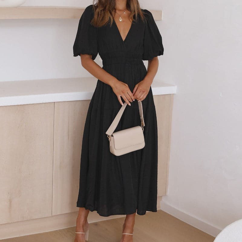 Valenzora | Midi-length dress, V-neck, short puff sleeves, fitted silhouette, light and flowing