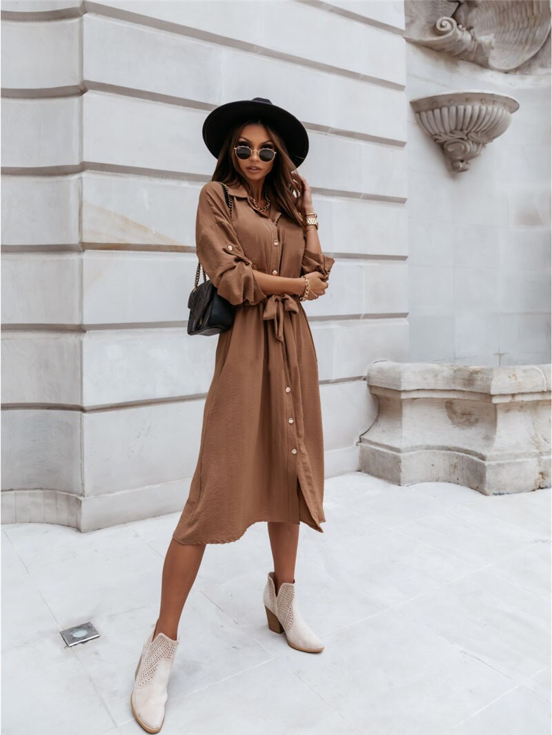 Valenzora - Brown midi blouse dress
