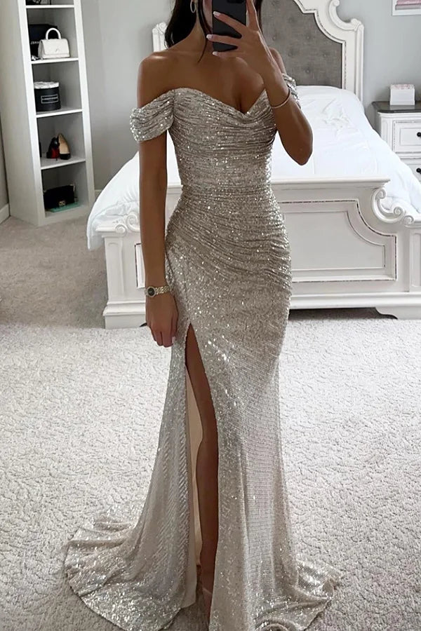 Valenzora | Sequin Off-Shoulder Ruched Slit Evening Maxi Dress