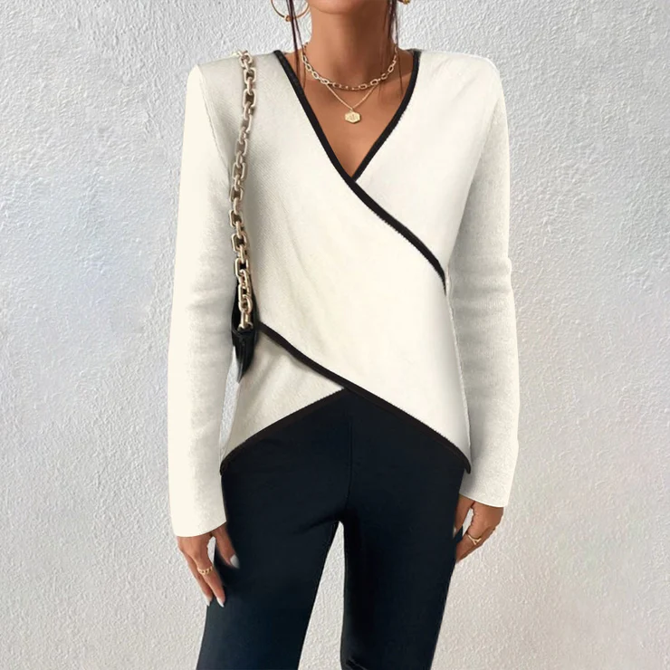 Valenzora | Women's V-neck long-sleeved shirt with crossover hem – Stylish and versatile