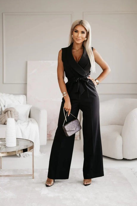 Valenzora | Elegant white jumpsuit with tie belt for women