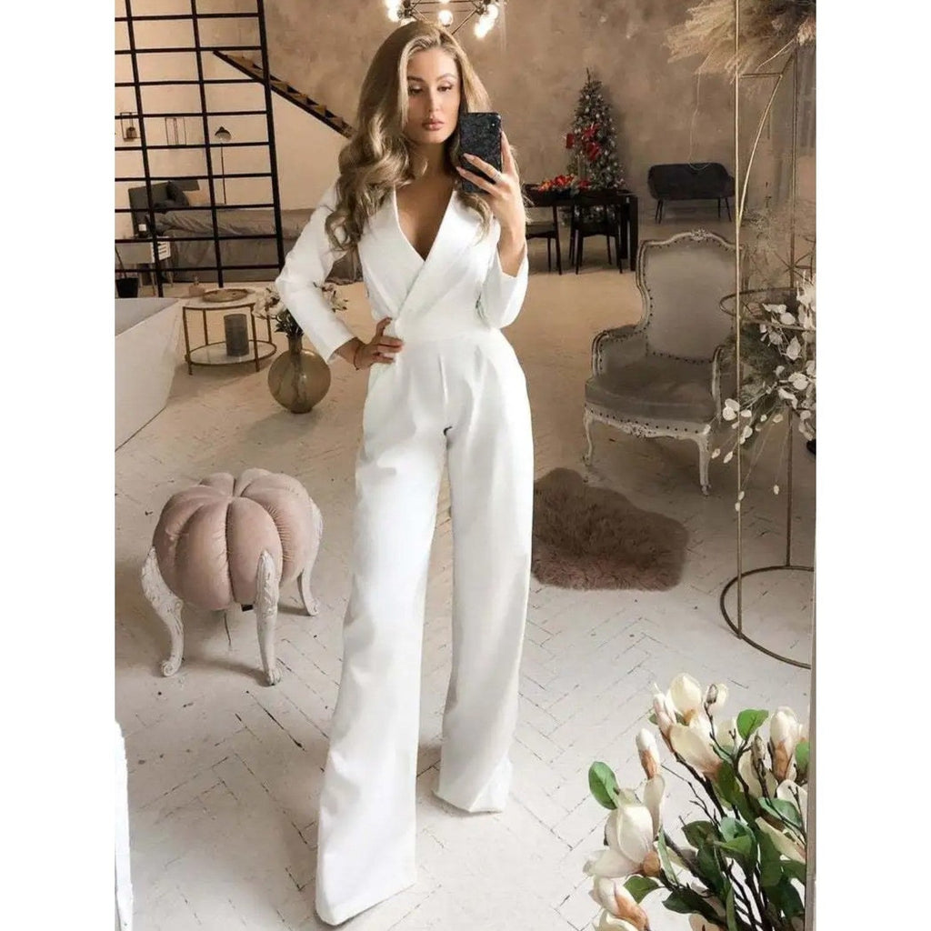 Valenzora | Elegant White V-Neck Jumpsuit for Women