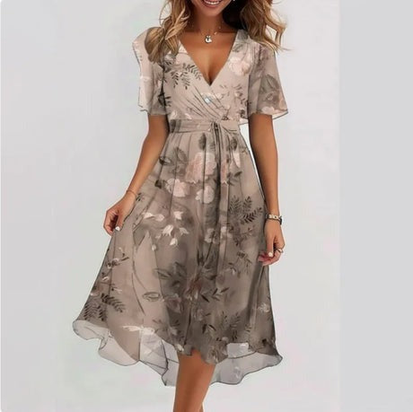 Valenzora | Floral V-neck dress with flowing skirt for women