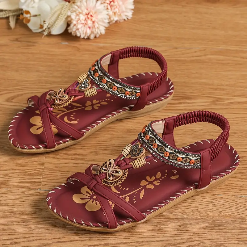 Valenzora | Boho Rhinestone Style Open Toe Elastic Strap Sandals