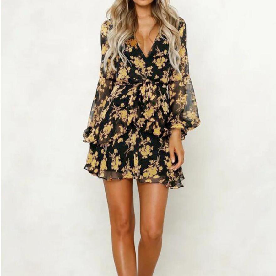 Valenzora | Dress Floral Leaf Print Lantern Sleeve Empire