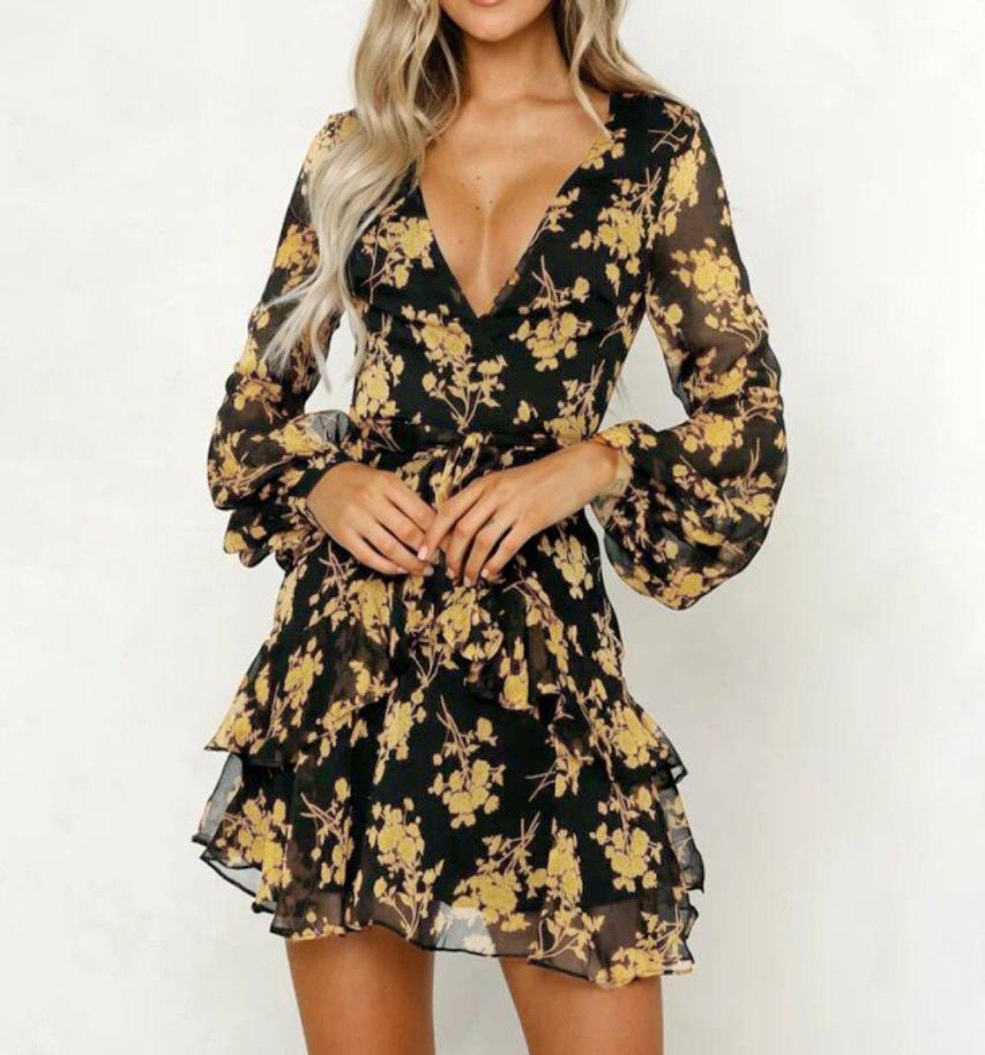 Valenzora | Dress Floral Leaf Print Lantern Sleeve Empire