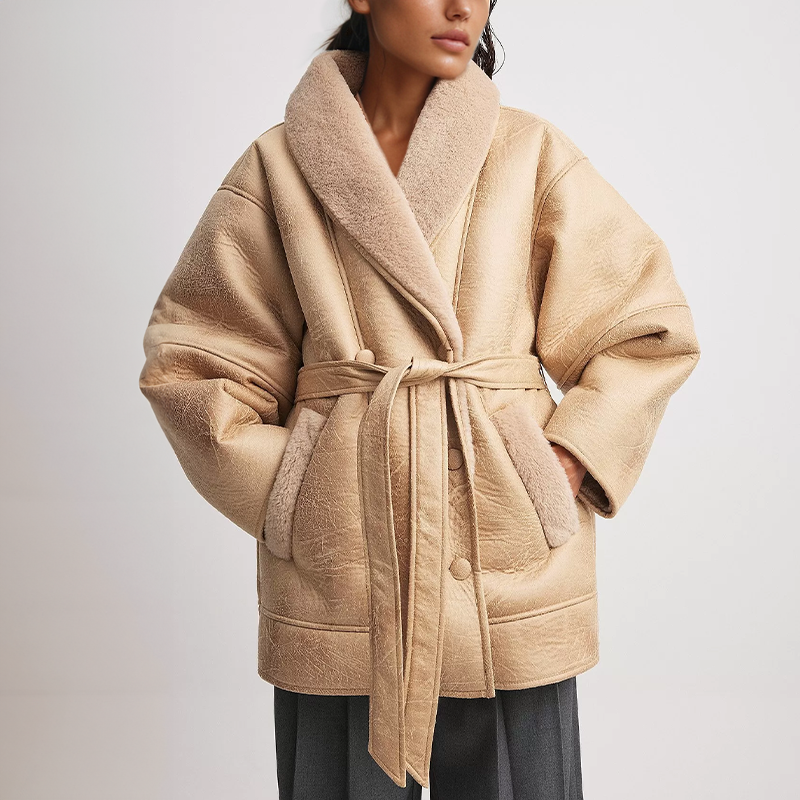 Valenzora | Sherpa-lined faux leather jacket with belt