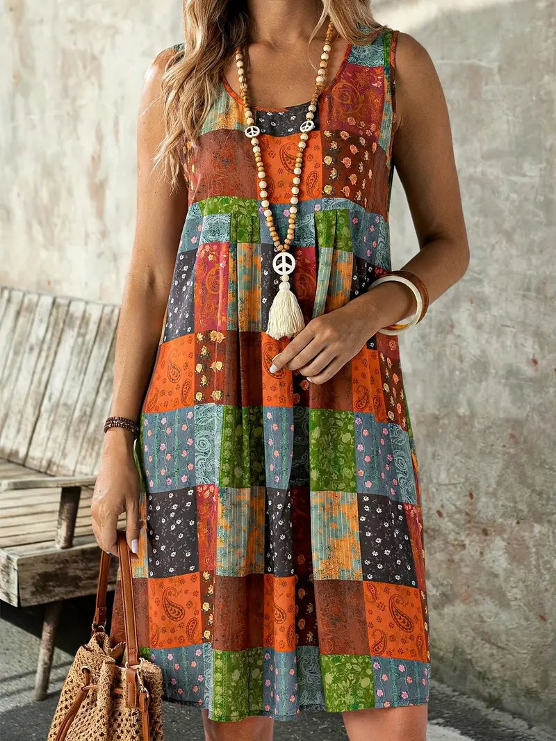 Valenzora | Boho Patchwork Sleeveless Swing Dress