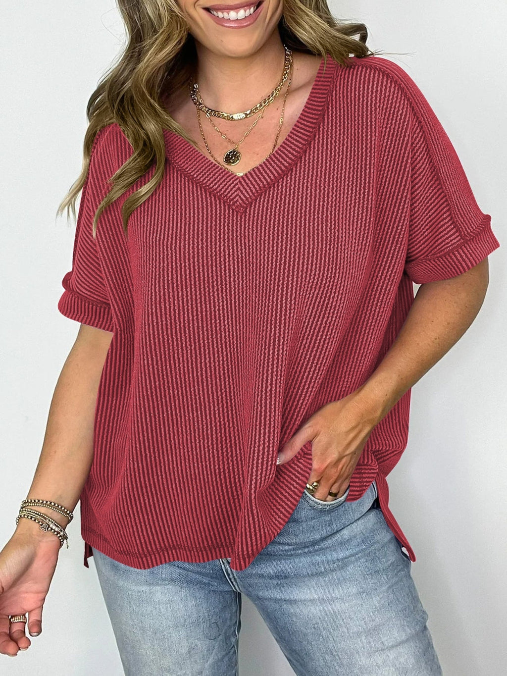 Valenzora | Corduroy V-neck short-sleeved T-shirt