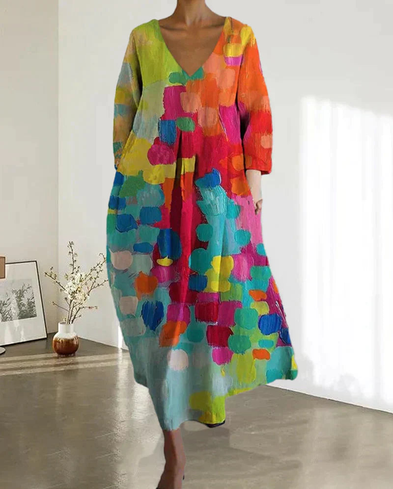 Valenzora | Buntes bedrucktes Kleid mit V-Ausschnitt
