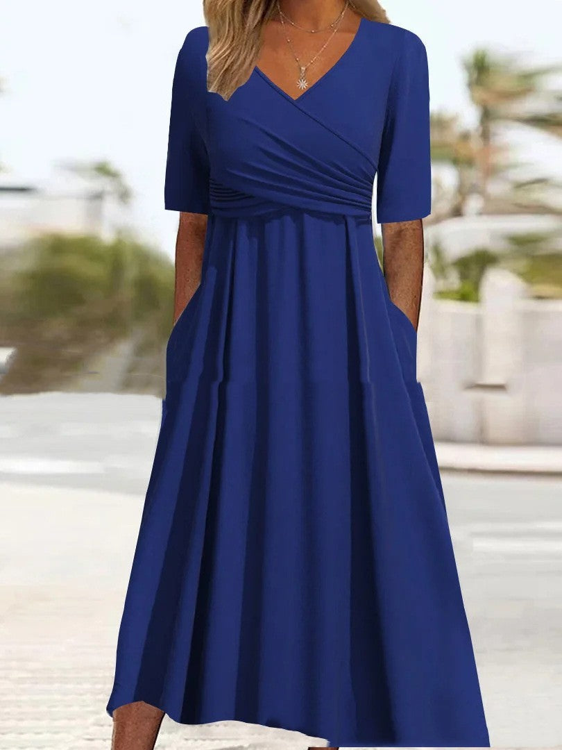 Valenzora | Blaues, schlichtes Midikleid mit V-Ausschnitt