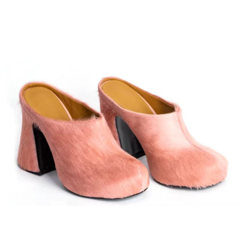 Valenzora | Closed Toe Horsehair Chunky Heel Waterproof Platform Slippers