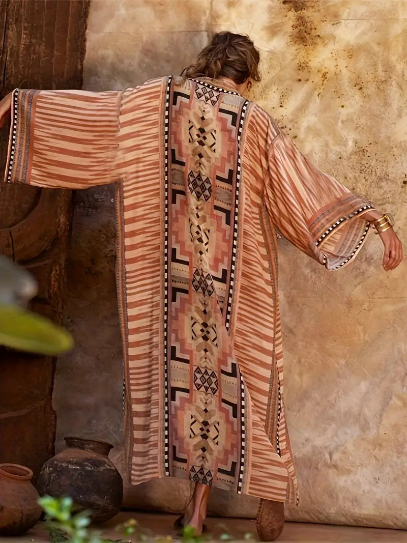 Valenzora | Boho Plus Size Kimono with Tie Belt Maxi Tunic