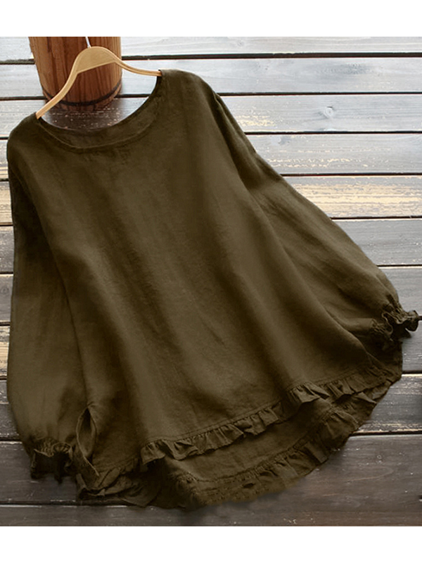 Valenzora | O-neck Solid color Long sleeves Ruffled Linen Tops