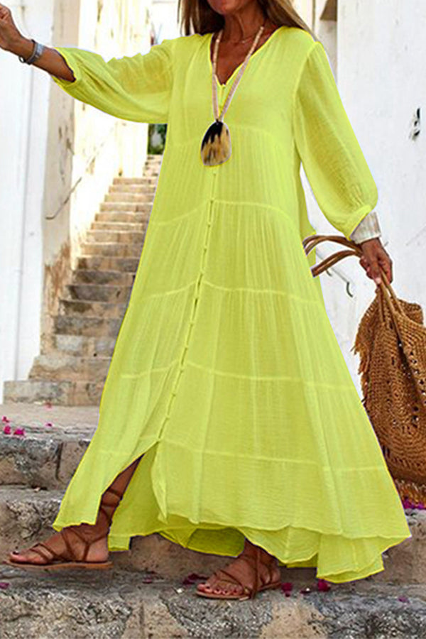 Valenzora | Seraphina Maxikleid aus Baumwoll-Leinen-Mix mit Knopfleiste und Stufenrock