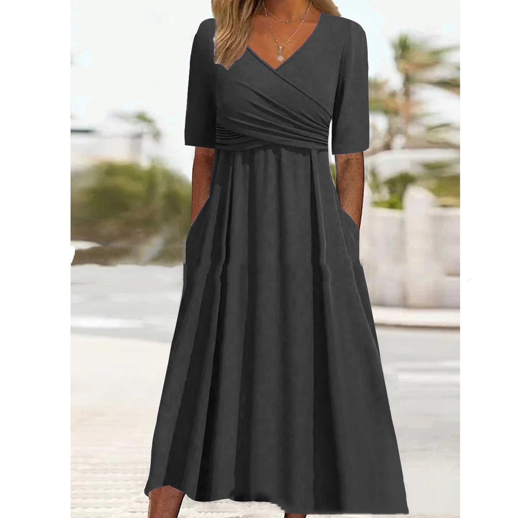 Valenzora | Blaues, schlichtes Midikleid mit V-Ausschnitt