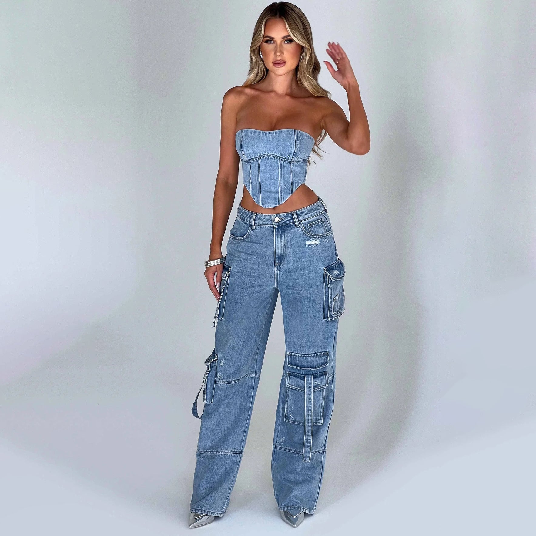Valenzora | Denim Suits Summer Sexy Back Cutout Tube Top and Multiple Pockets Straight Trousers Fashion Long Trousers Suit Women's Clothing