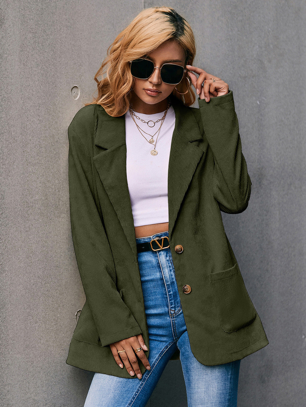 Valenzora | Cord-Longline-Blazer mit langen Ärmeln und Taschen