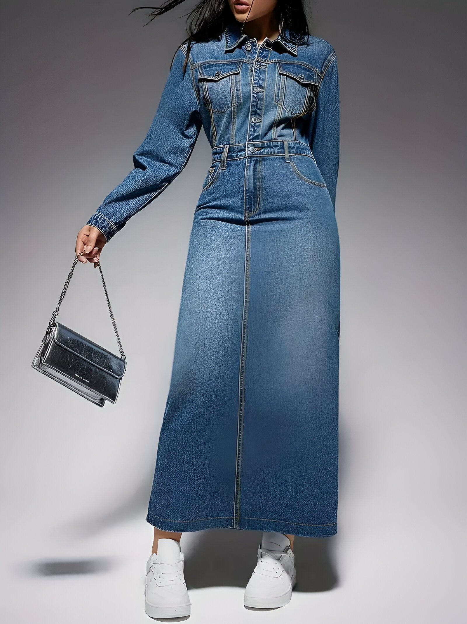 Valenzora | Elegant denim dress with long sleeves