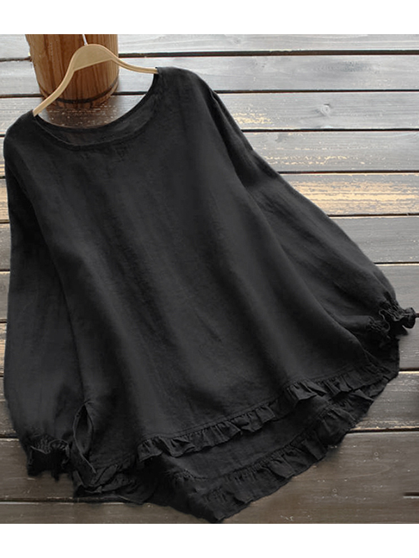 Valenzora | O-neck Solid color Long sleeves Ruffled Linen Tops
