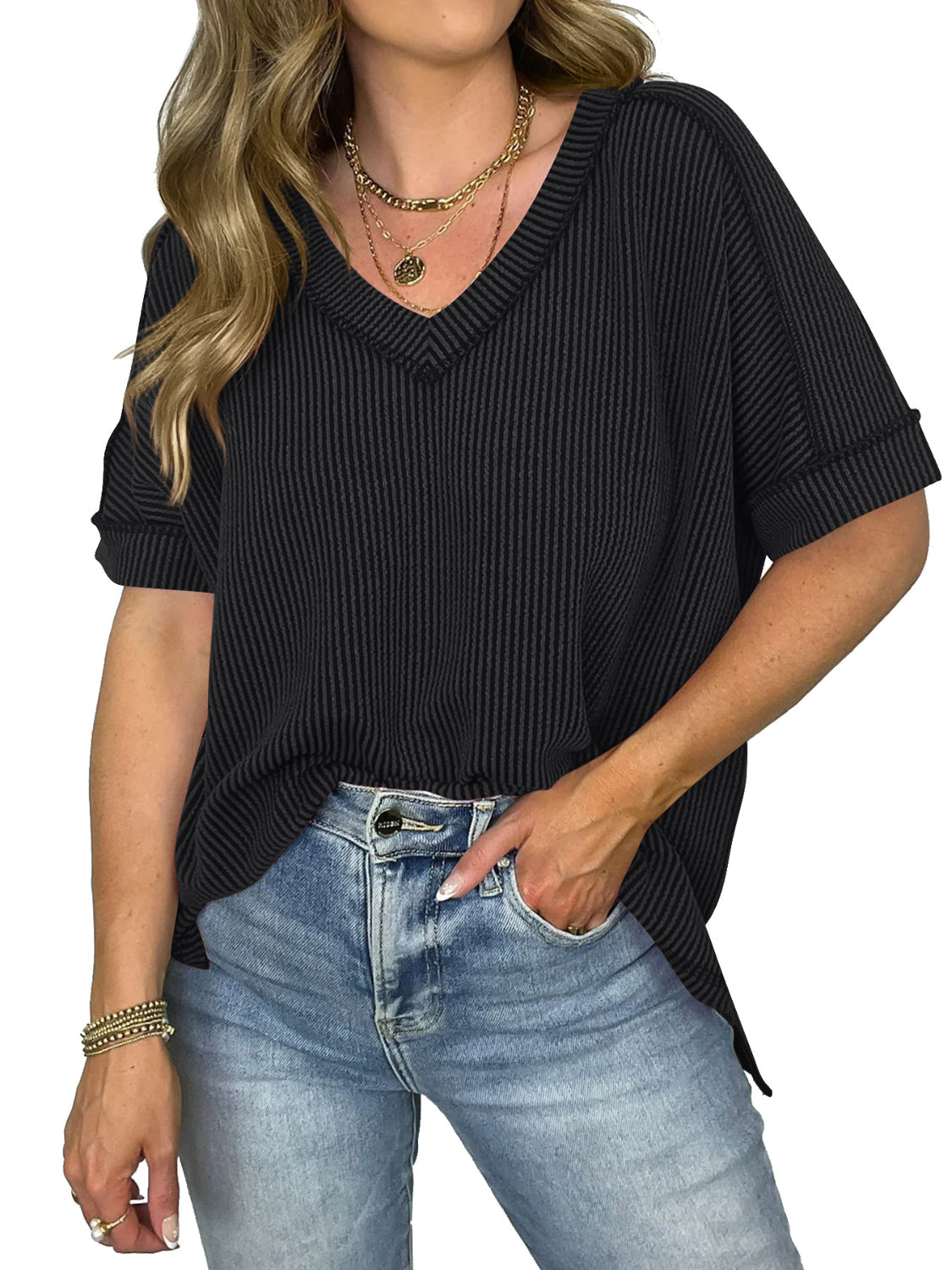 Valenzora | Corduroy V-neck short-sleeved T-shirt