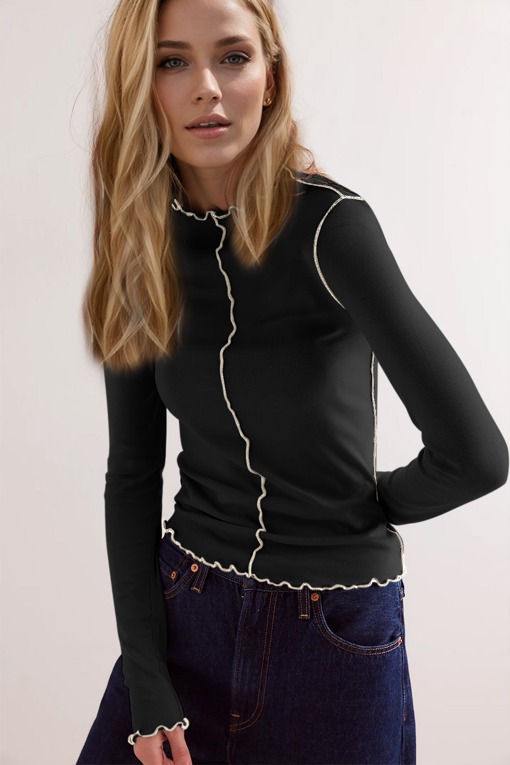 Valenzora | Basic Bae Contrast Trim Mock Neck Long Sleeve T-Shirt