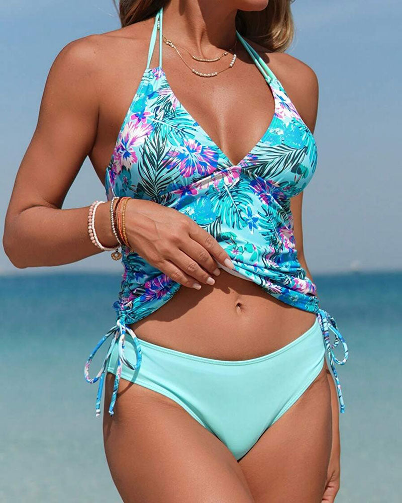 Valenzora | Two-piece tankini with floral pattern, halter neck, triangle